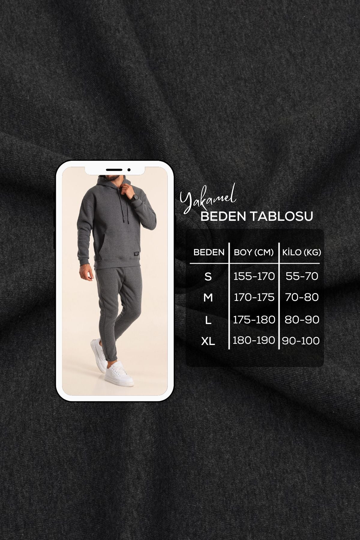 Füme Erkek Kapüşonlu Cepli Lastik Paça İ̇çi Polar Eşofman Takımı - Füme - 5
