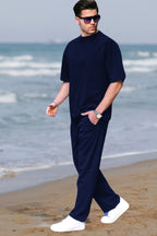 Erkek Lacivert Oversize Kısa Kollu Yazlık Eşofman Takımı - Navy Blue - 3