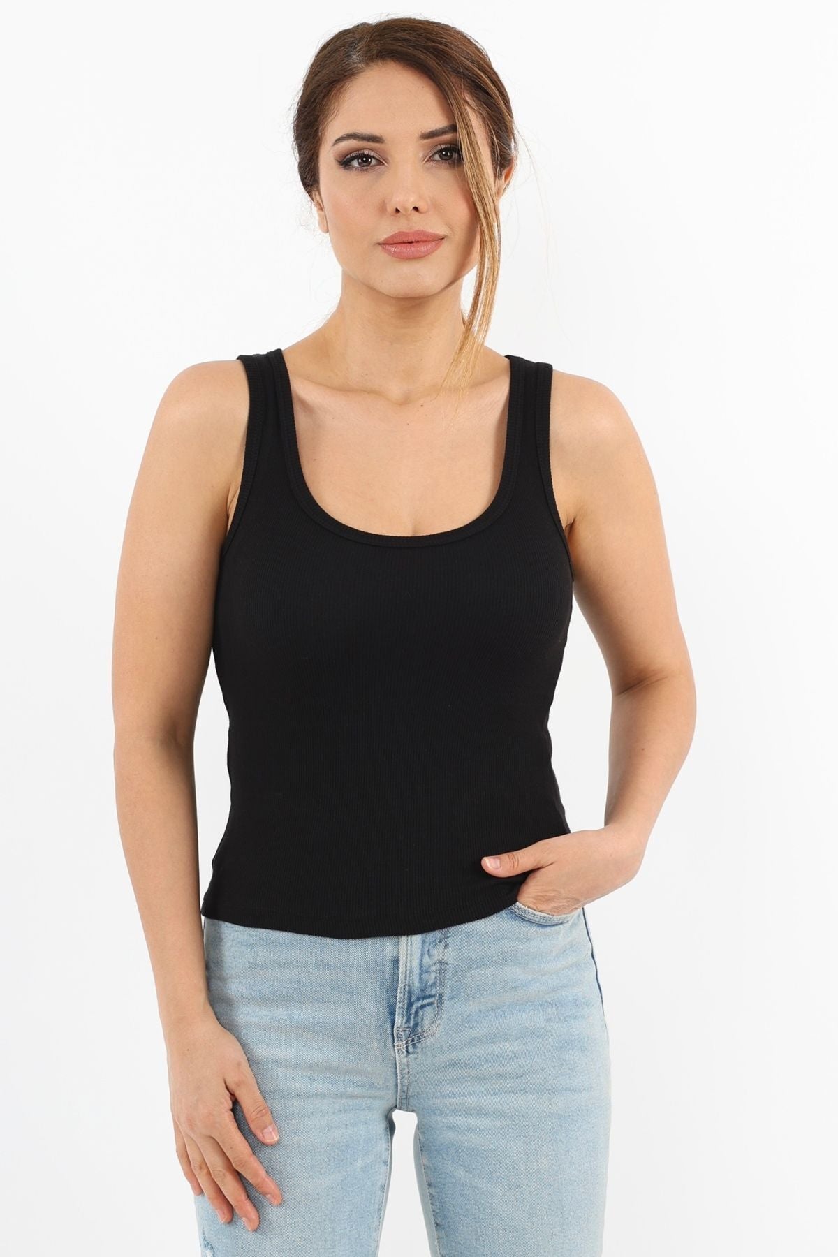 Kadın Si̇yah Fitilli Kalın Askılı Basic Örme Atlet - Siyah - 2