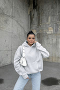 Kadin Gri̇melanj 3 İ̇pli̇k Oversi̇ze Rahat Günlük Yumuşak Kapüşonlu Sweatshirt - Gri Melanj - 1