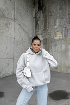 Kadin Gri̇melanj 3 İ̇pli̇k Oversi̇ze Rahat Günlük Yumuşak Kapüşonlu Sweatshirt - Gri Melanj - 1