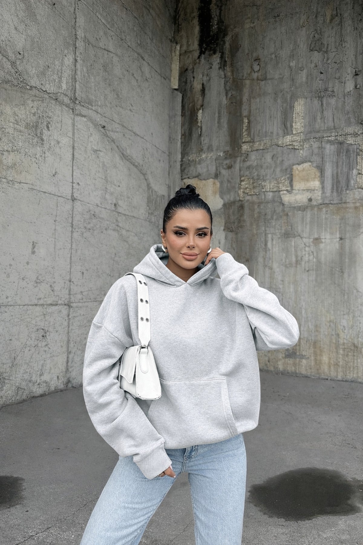 Kadin Gri̇melanj 3 İ̇pli̇k Oversi̇ze Rahat Günlük Yumuşak Kapüşonlu Sweatshirt - Gri Melanj - 1