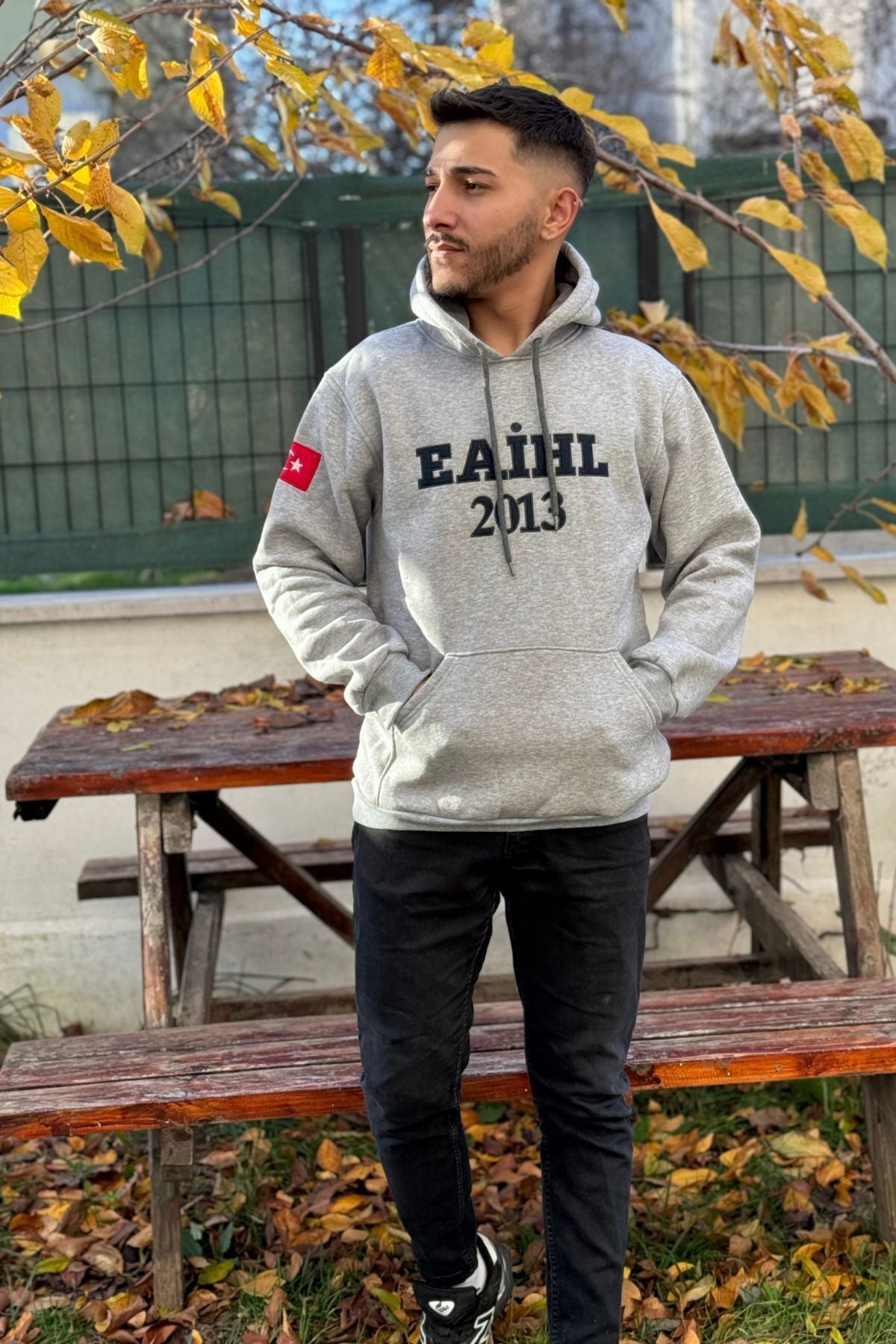 Unisex Eai̇hl Nakışlı Baskılı İ̇çi Polarlı Oversize Kapüşonlu Hoodie Sweatshirt - Gri - 1