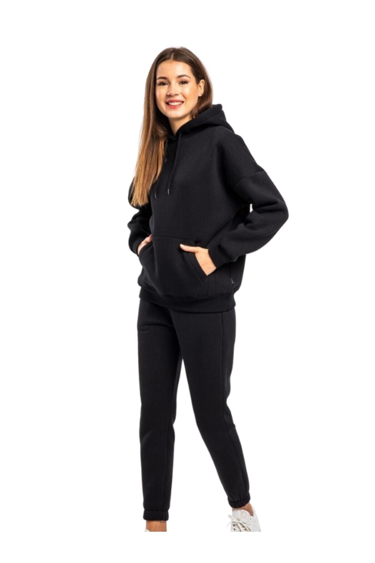 Kadın Siyah 3 İplik Kapşonlu Oversize Şarddonlu Eşofman Takımı - Siyah - 3