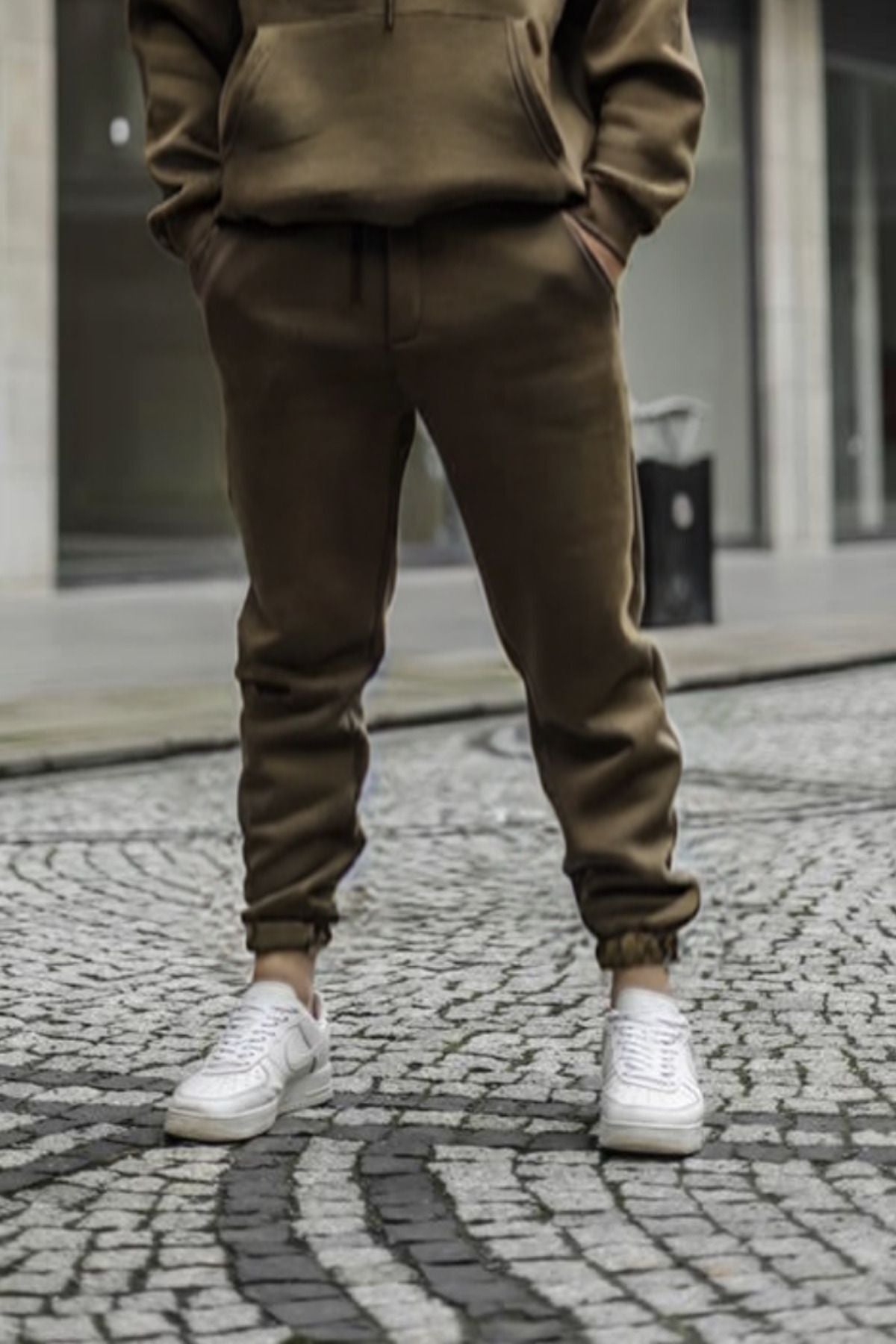 Bay Haki Beli Lastikli 3 İplik Streetwear Eşofman Altı - Haki - 2