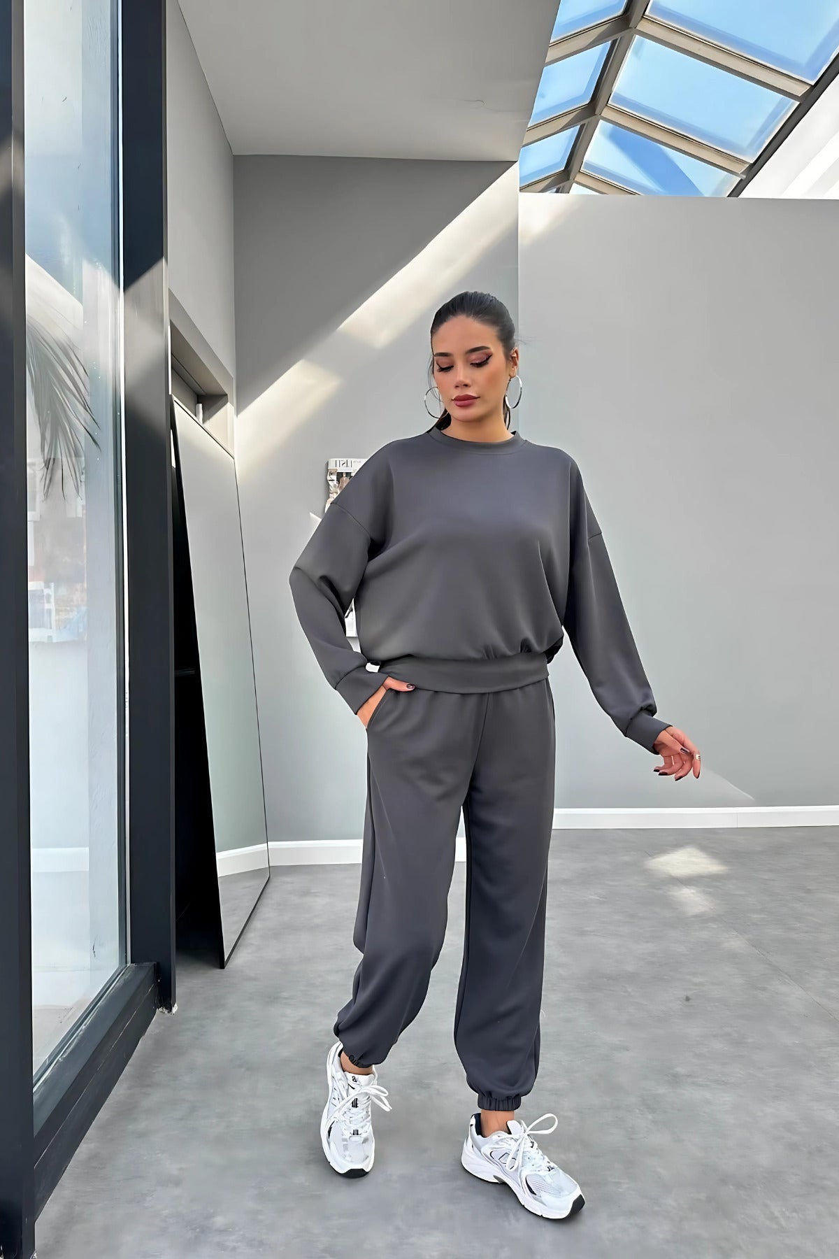 Kadın Bisiklet Yaka Yüksek Bel Yumuşacık Oversize Eşofman Takımı - Füme - 2