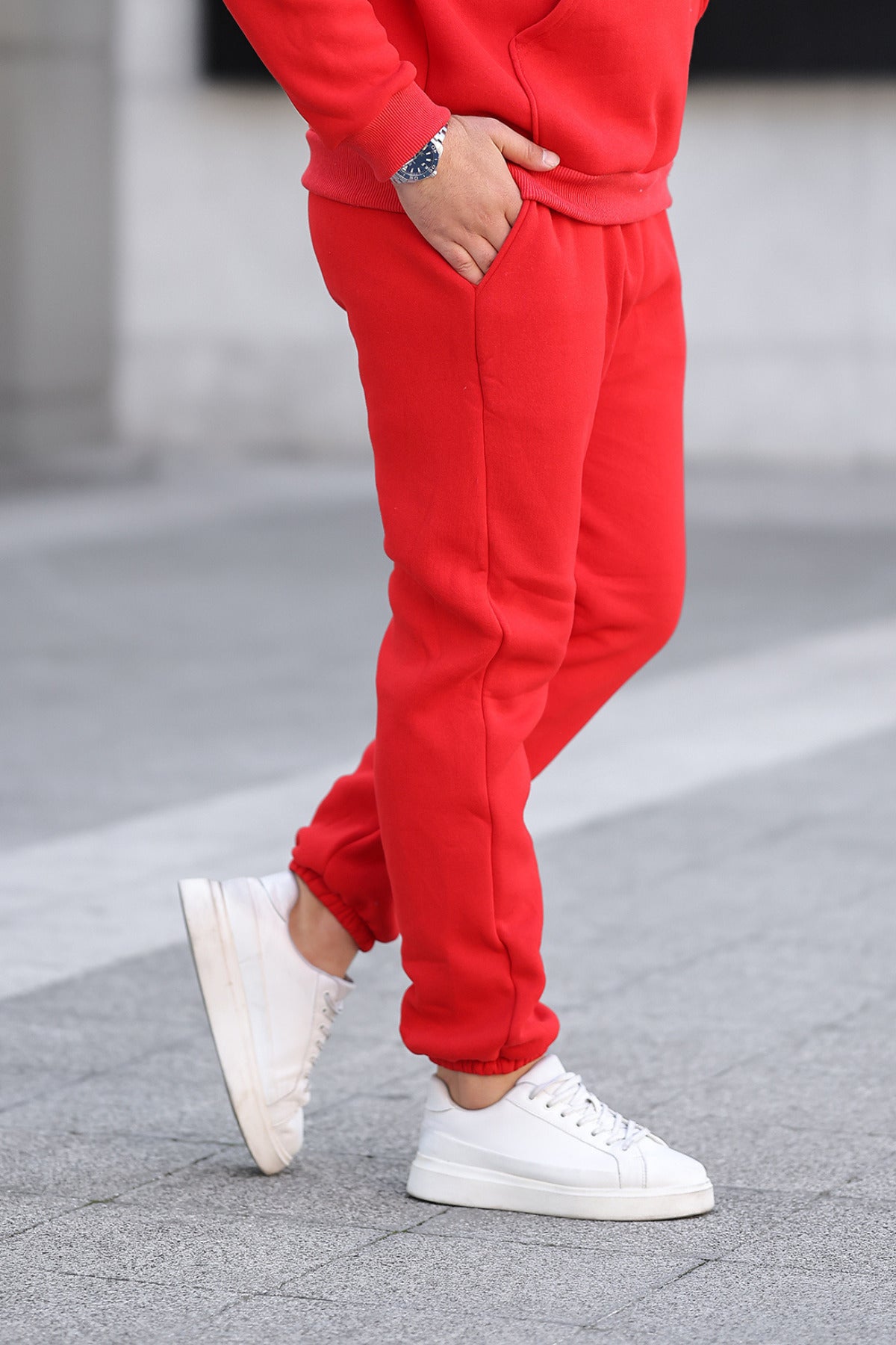 Erkek Bol Kesim Oversize 3 İ̇plik İ̇çi Pamuklu Şardonlu Lastikli Paça Jogger Kışlık Eşofman Altı - Kırmızı - 3