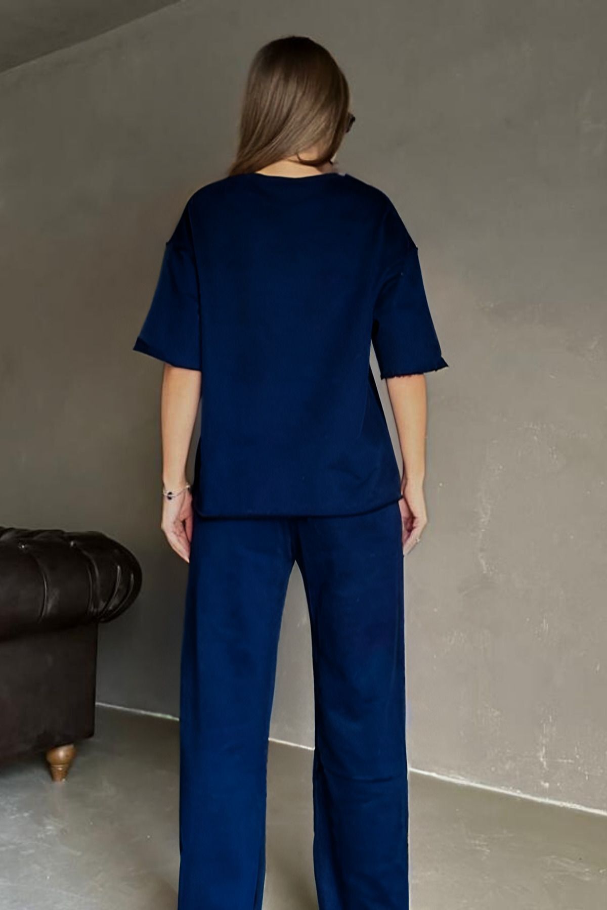 Kadın Lacivert Batik Düğmesiz Kısa Kol Pamuklu Pijama Takımı - Lacivert - 3