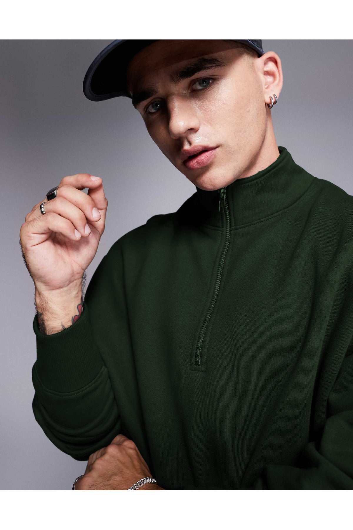 Erkek Yarım Fermuarlı Basic Oversize Dik Yaka Sweatshirt Kazak - Koyu Yeşil - 3