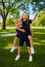 Çocuk Unisex Kisa Kollu Oversize Rahat Kesi̇m Beli̇ Bağlamali Li̇krali T-shi̇rt Şortlu Yazlik Takim - Lacivert - 3