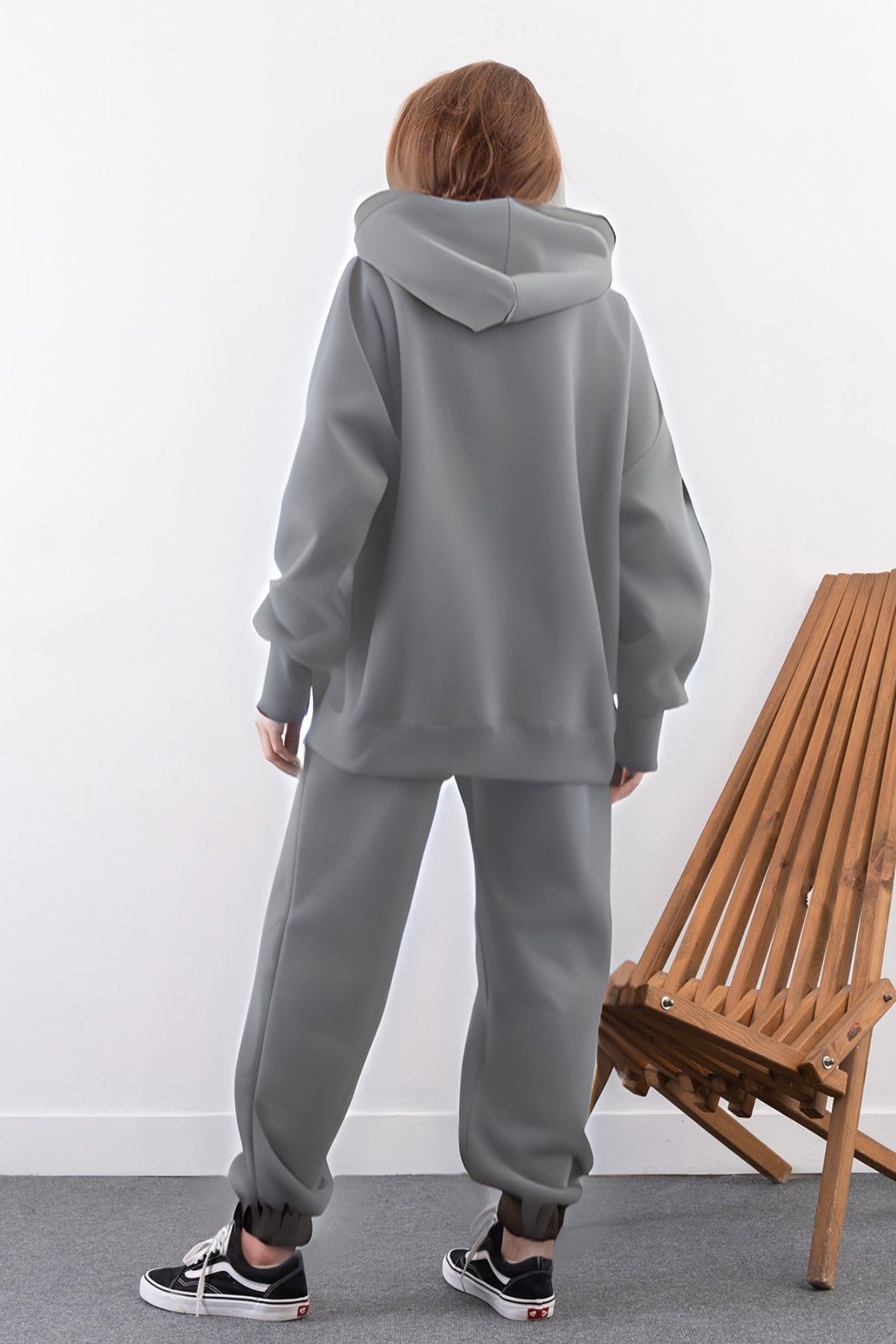 Kadın Yüksek Bel 3 İ̇plik Kalın Şardonlu Oversize Fit Jogger Eşofman Takımı - Gri - 4