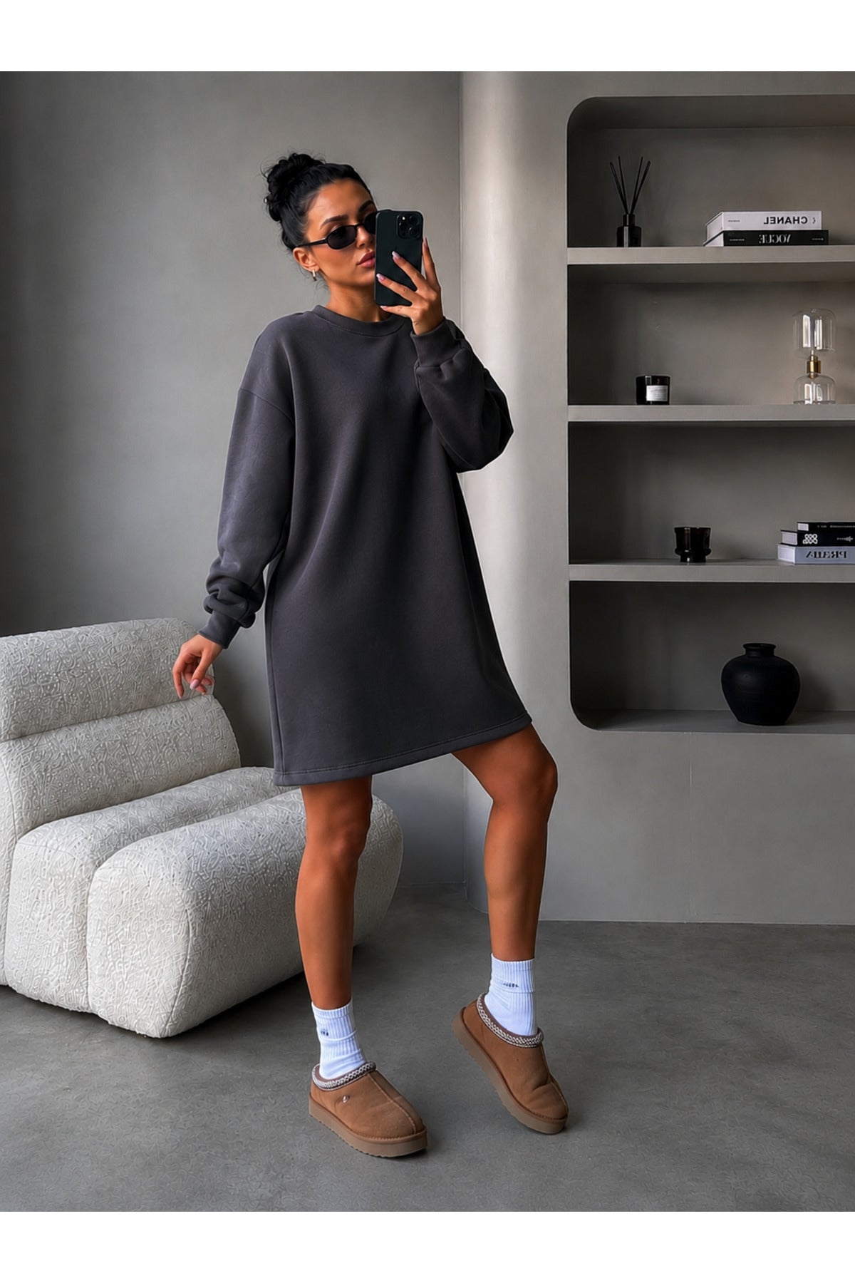Kadin 3 İ̇pli̇k Yeni̇ Uzun Kollu Bi̇si̇klet Yaka Rahat Sweatshirt Elbi̇se - Füme - 4
