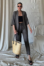 Kadın Dökümlü Bürümcük Yazlık Palazzo Kimono Takım - Füme - 1