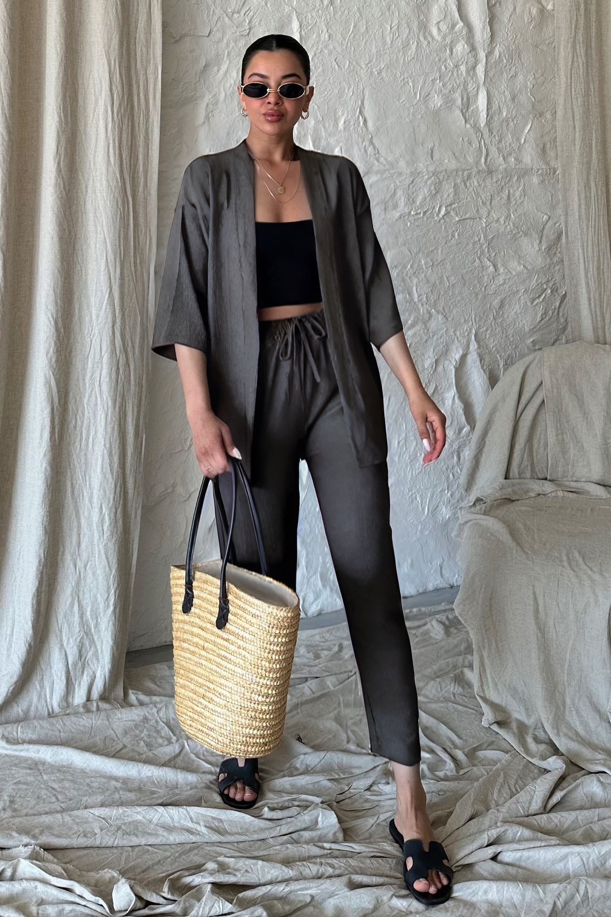 Kadın Dökümlü Bürümcük Yazlık Palazzo Kimono Takım - Füme - 1