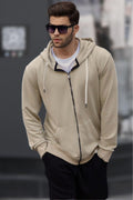 Bej Fermuarlı Kapüşonlu Erkek Sweatshirt - Bej - 1