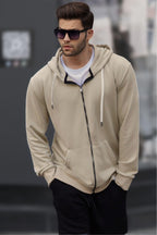 Bej Fermuarlı Kapüşonlu Erkek Sweatshirt - Bej - 1