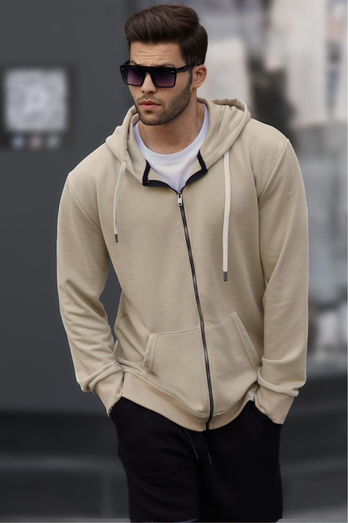 Bej Fermuarlı Kapüşonlu Erkek Sweatshirt - Bej - 1