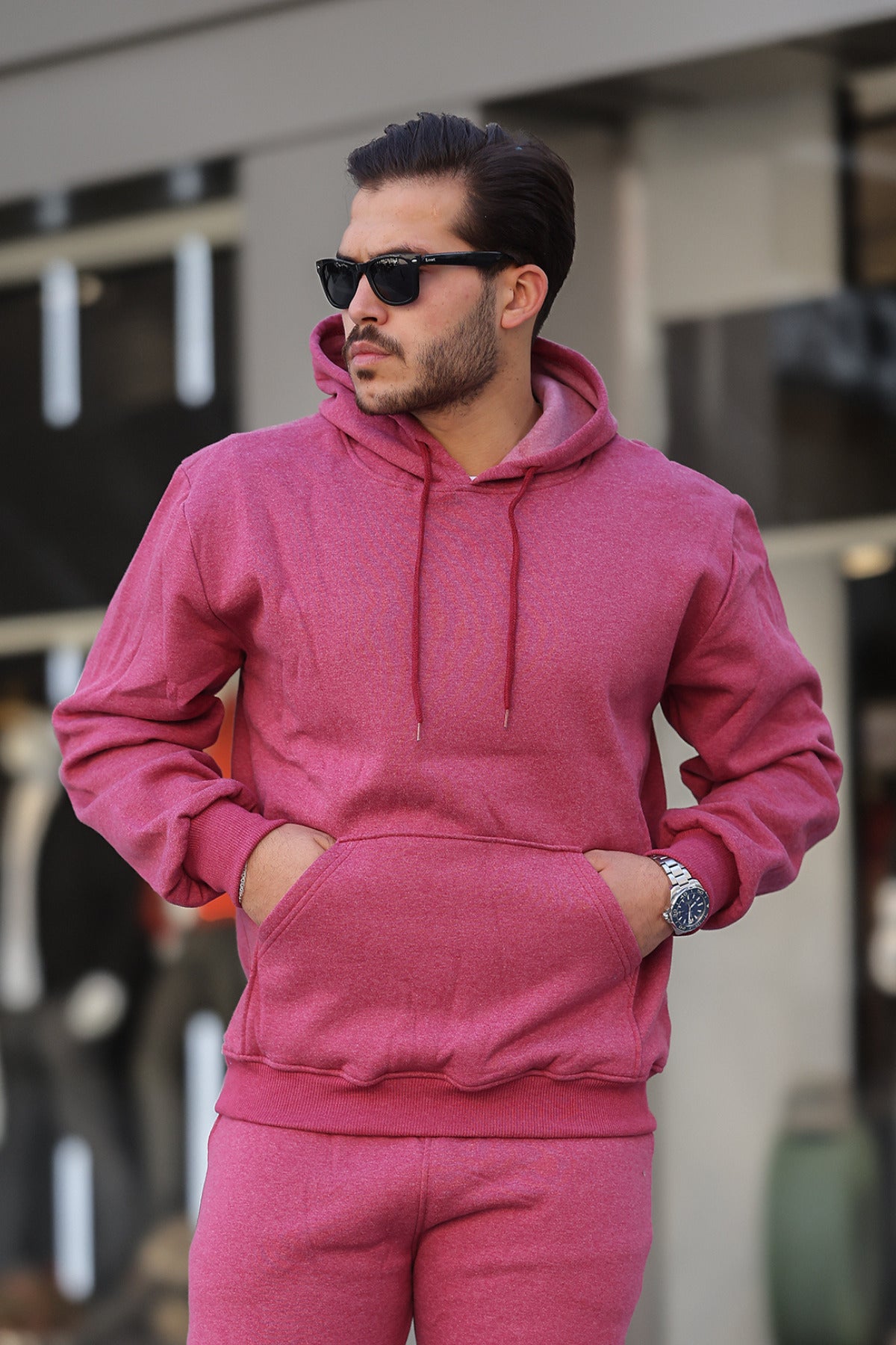 Erkek Bol Kesim Oversize 3 İ̇plik İ̇çi Pamuklu Şardonlu Kanguru Cep Kapşonlu Kışlık Hoodie Sweatshirt - Mürdüm Melanj - 1