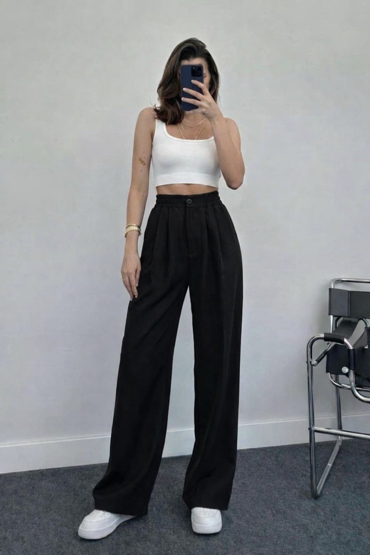 Kadın Trend Bol Paça Yüksek Bel Pileli Crep Pantolon - Siyah - 3