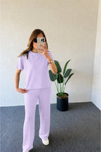 Modal Kumaş Kısa Kollu T-shirt & Pantolon Takımı - Lila - 1