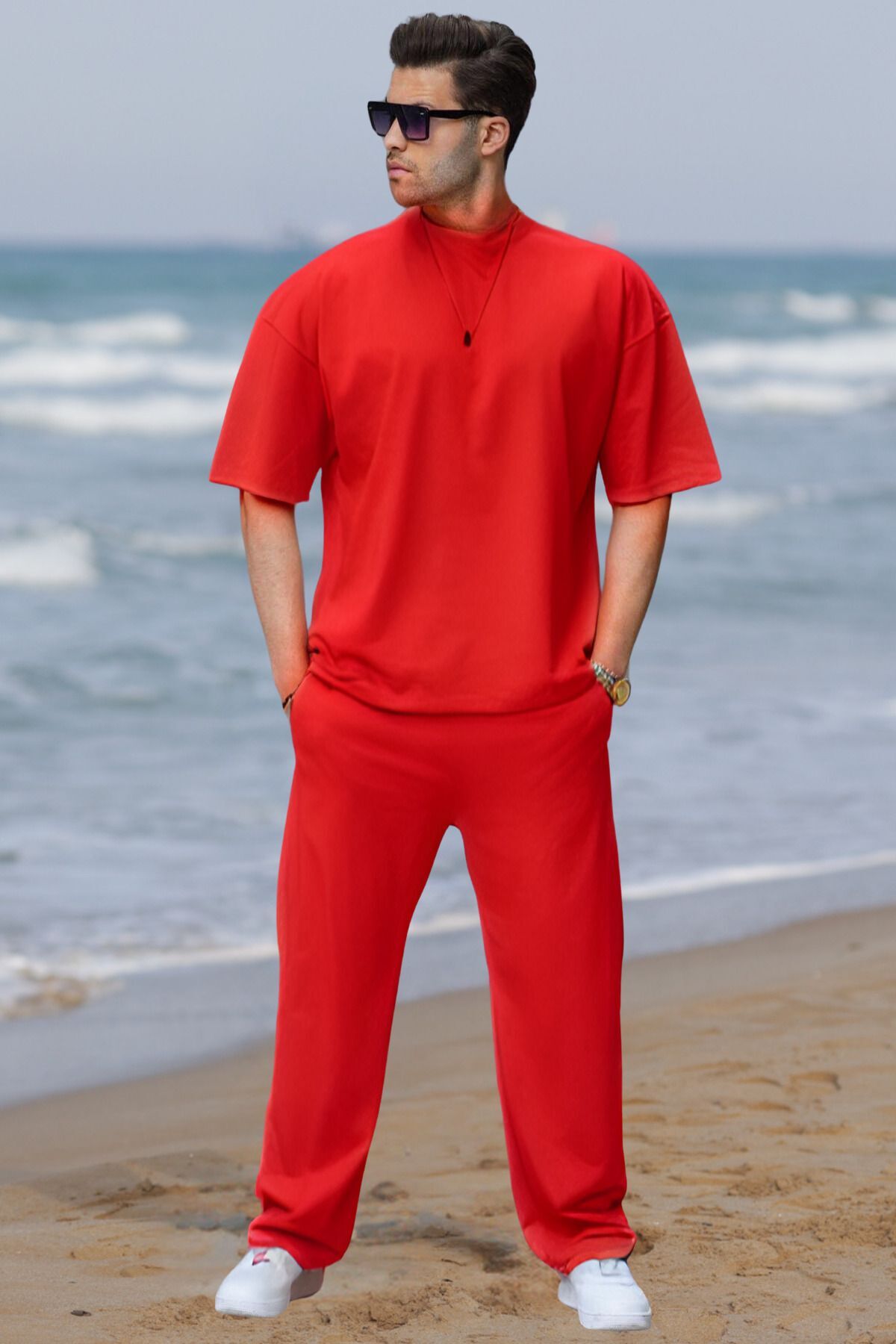 Erkek Rahat Kısa Kollu Yazlık Pijama Takımı - Kırmızı - 1