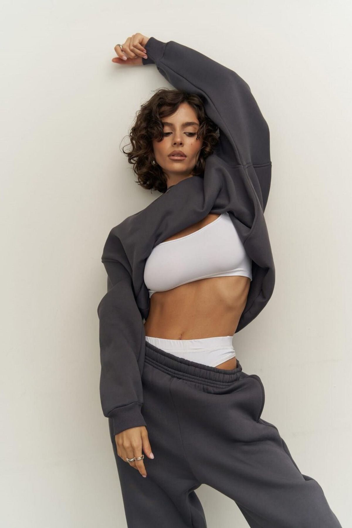 Kadın Oversize Rahat Kalıp Bisiklet Yaka Eşofman Takıım - füme - 3