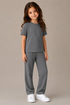 Çocuk Unisex Kisa Kollu Bi̇si̇klet Yaka Süper Yüksek Bel Oversize Eşofman Takimi - Füme - 1