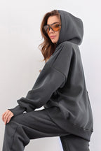 Kadın Esnek Rahat Kalıp Basic Model Sweatshirt - Füme - 3