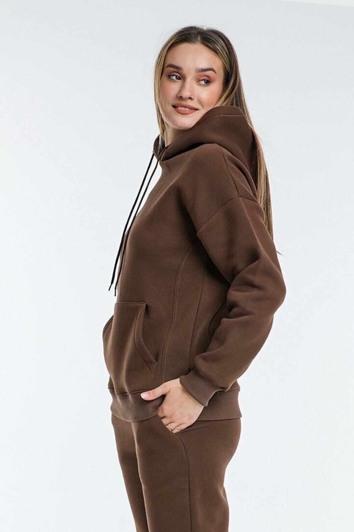 Baybayan Basi̇c Oversi̇ze Sweatshi̇rt Hoodi̇e - Kahverengi - 2