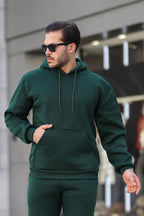 Erkek Bol Kesim Oversize 3 İ̇plik İ̇çi Pamuklu Şardonlu Kanguru Cep Kapşonlu Kışlık Hoodie Sweatshirt - Koyu Yeşil - 1