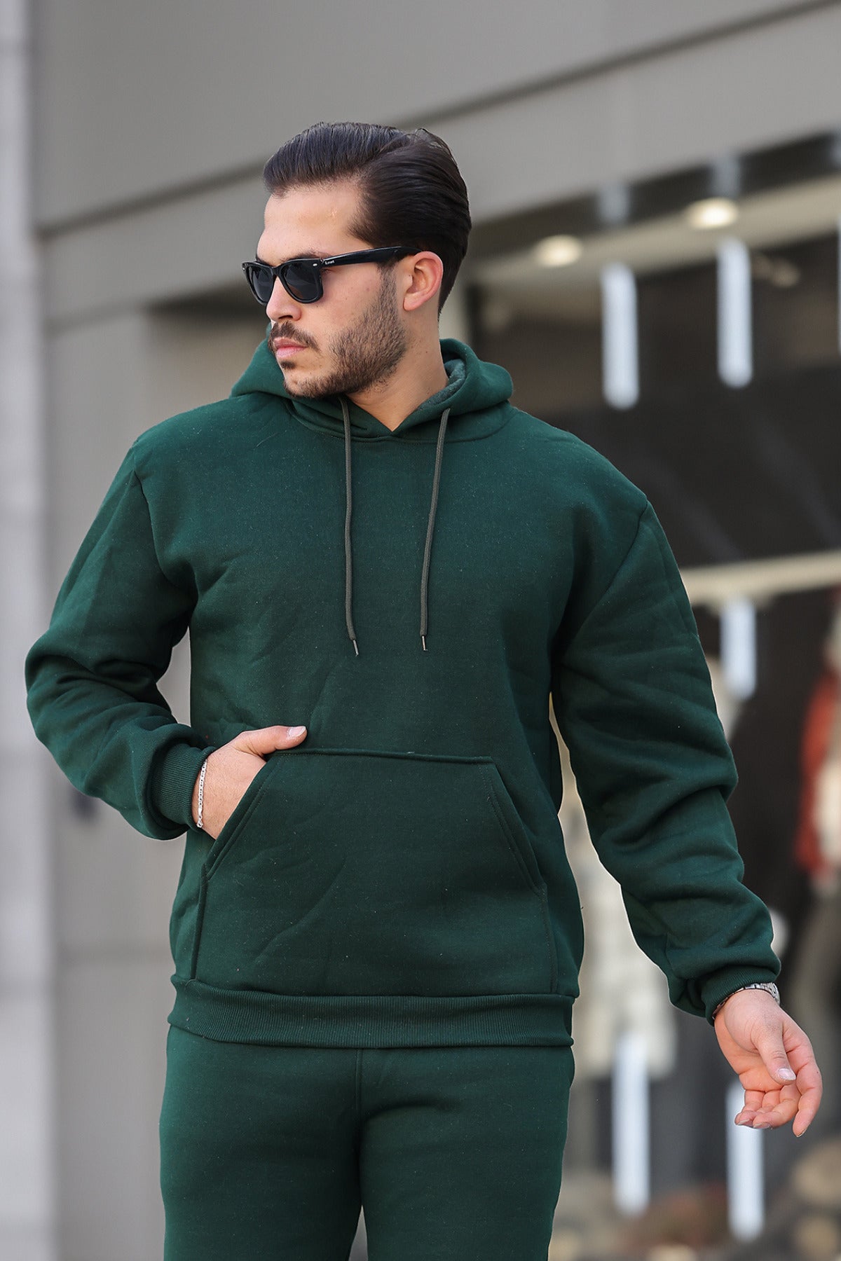 Erkek Bol Kesim Oversize 3 İ̇plik İ̇çi Pamuklu Şardonlu Kanguru Cep Kapşonlu Kışlık Hoodie Sweatshirt - Koyu Yeşil - 1