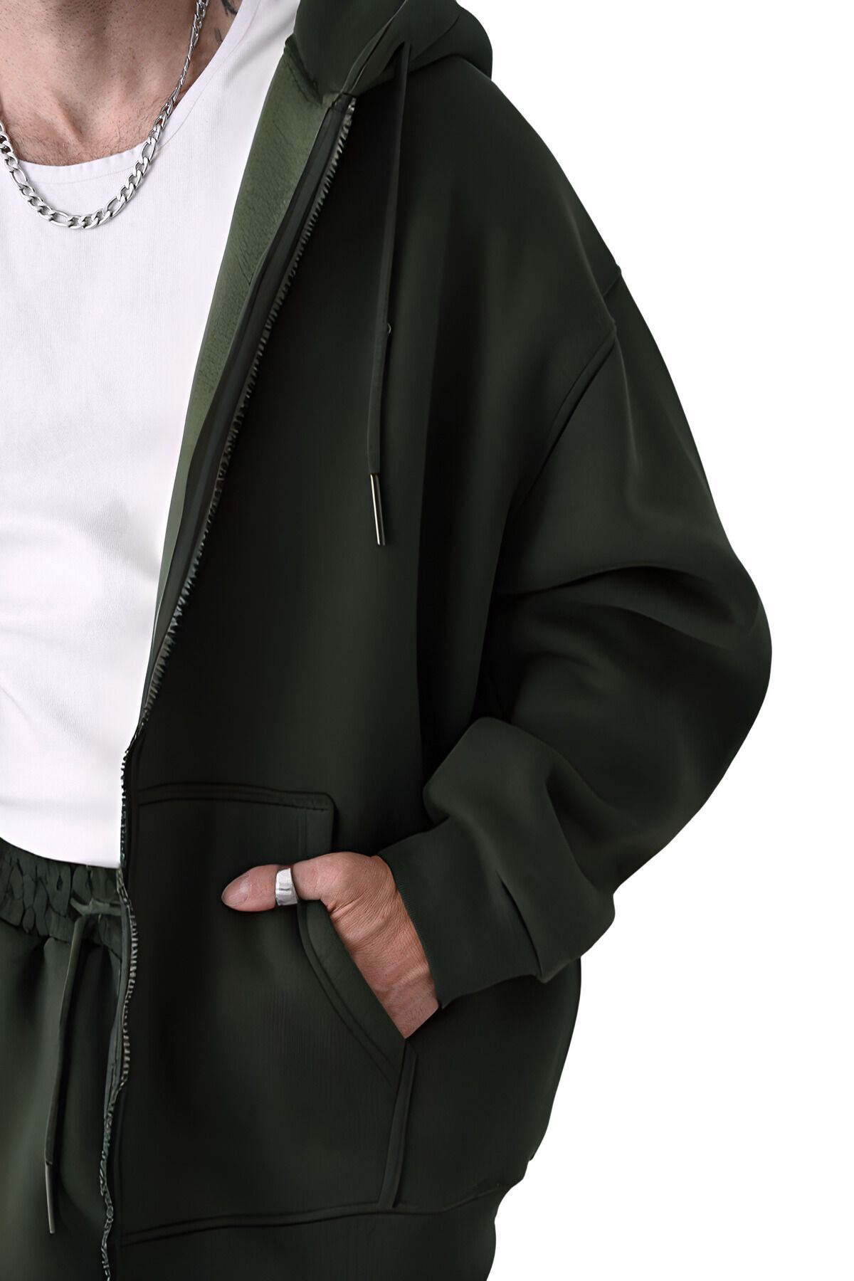 Erkek Basic Haki̇ Unisex Tam Fermuar Sweatshirt Hırka - Haki - 4