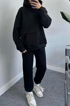 Kadın Oversize Trend Model Kanguru Cep Kapşonlu Sweatshirt Eşofman Takımı - Siyah - 5