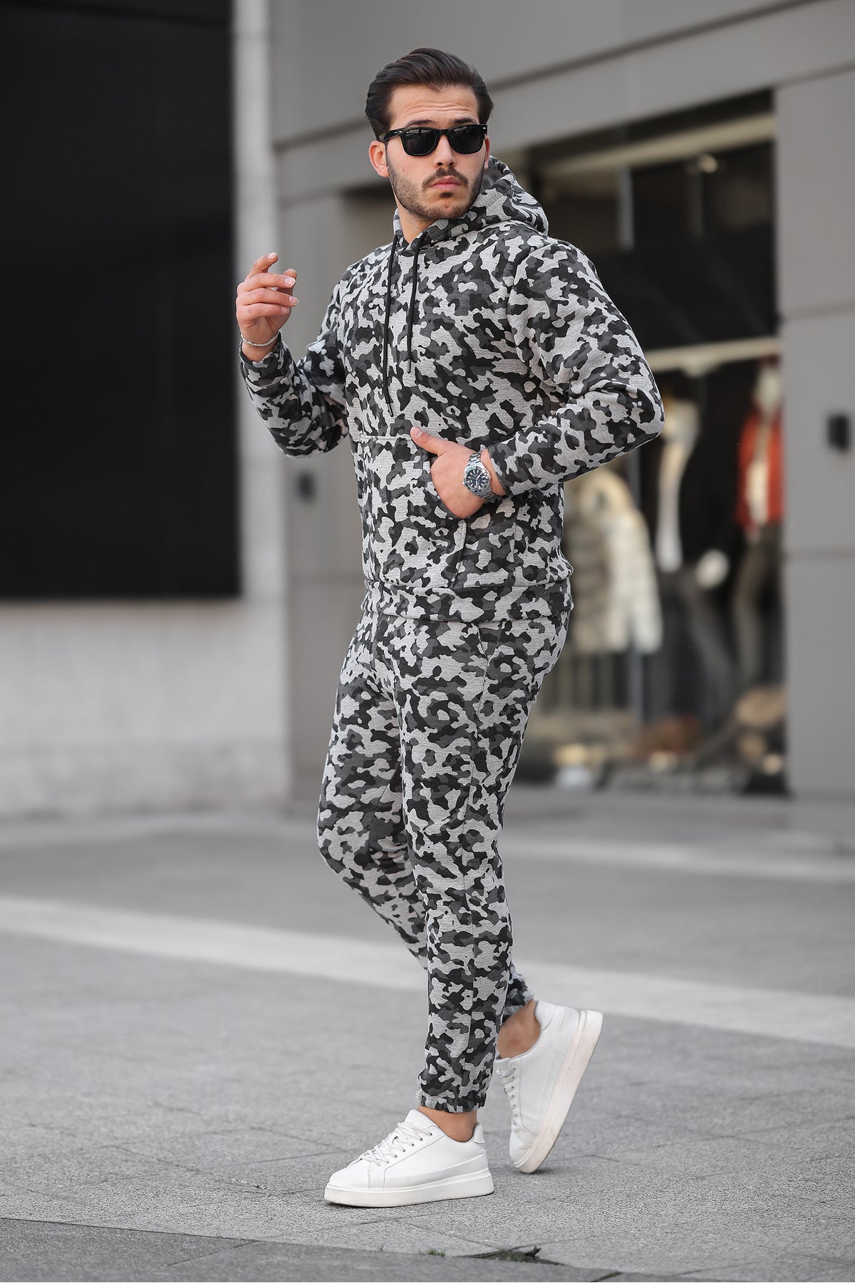Erkek Bol Oversize 3 İ̇plik İ̇çi Pamuklu Kanguru Cep Kapşonlu Lastikli Paça Jogger Kış Eşofman Takımı - Kamuflaj - 2