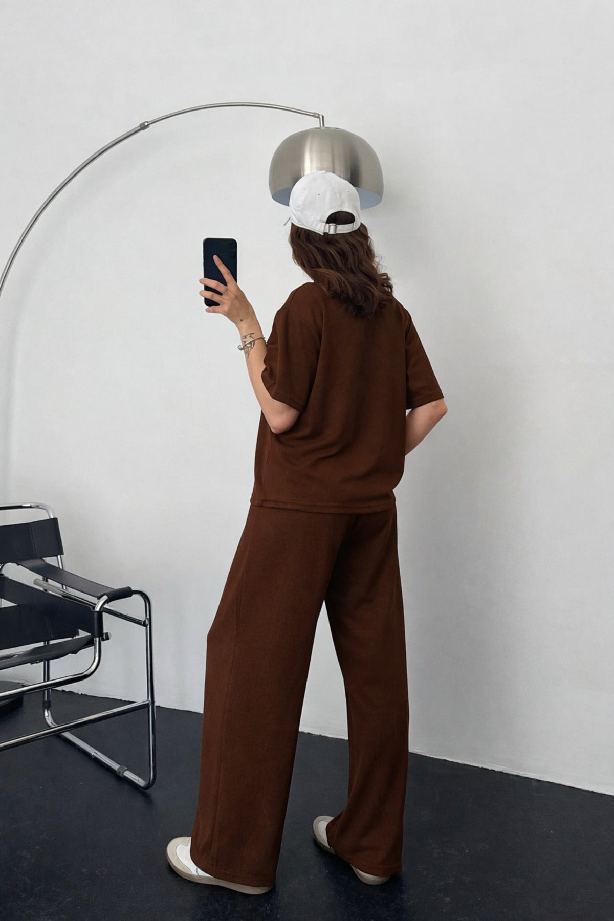 Kadın Modal Penye Yüksek Bel Oversize Alt Üst Takım - Kahverengi - 2