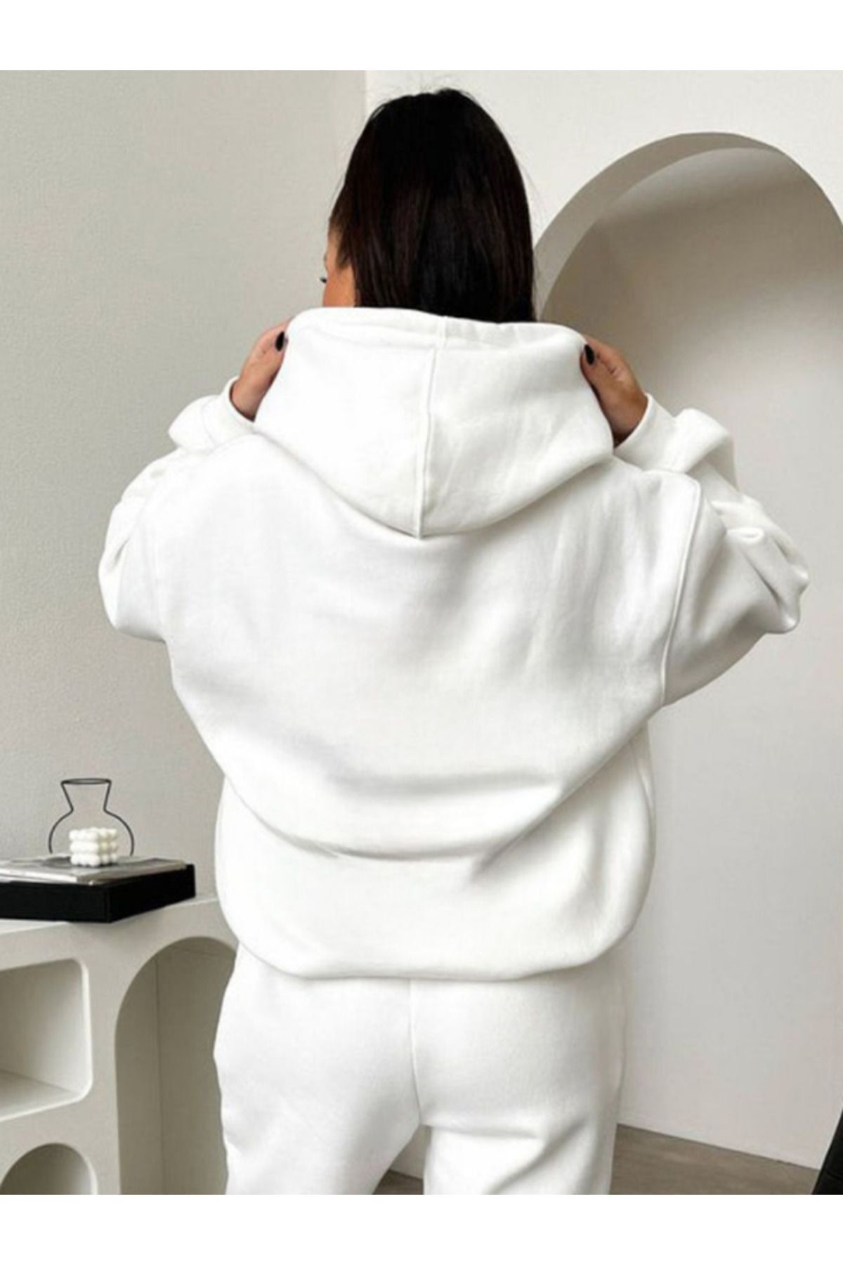Kadın Ekru Beyaz Hoodie Sweatshirt Kapşonlu 3 İplik Puf 248-1 - Beyaz - 3