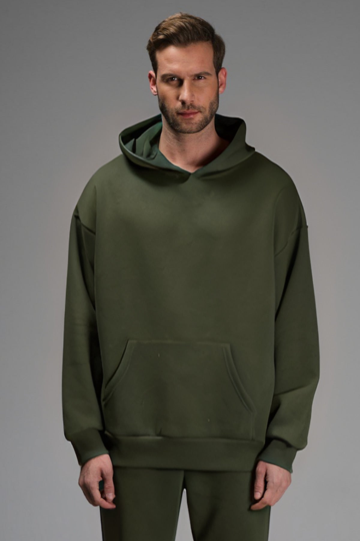 Erkek Rahat Kalıp Spor Ve Günlük Kapşonlu Sweatshirt - Haki - 1