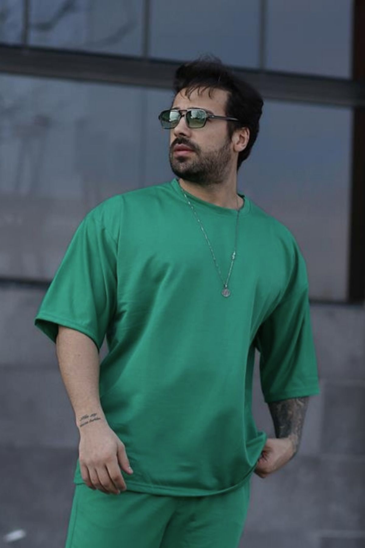 Erkek Oversize Pamuklu Nefes Alan T-shirt - Yeşil - 1