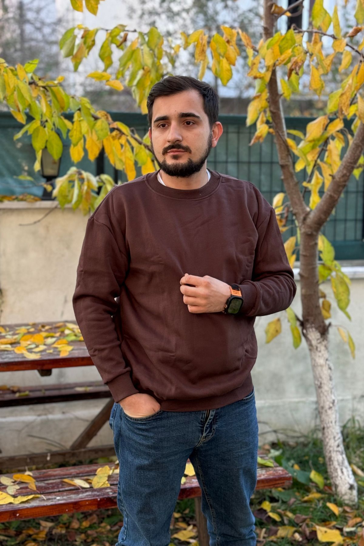 Erkek Kahverengi Bisiklet Yaka İçi Polarlı 3 İplik Pamuklu Regular Fit Unisex Sweatshirt - Kahverengi - 5