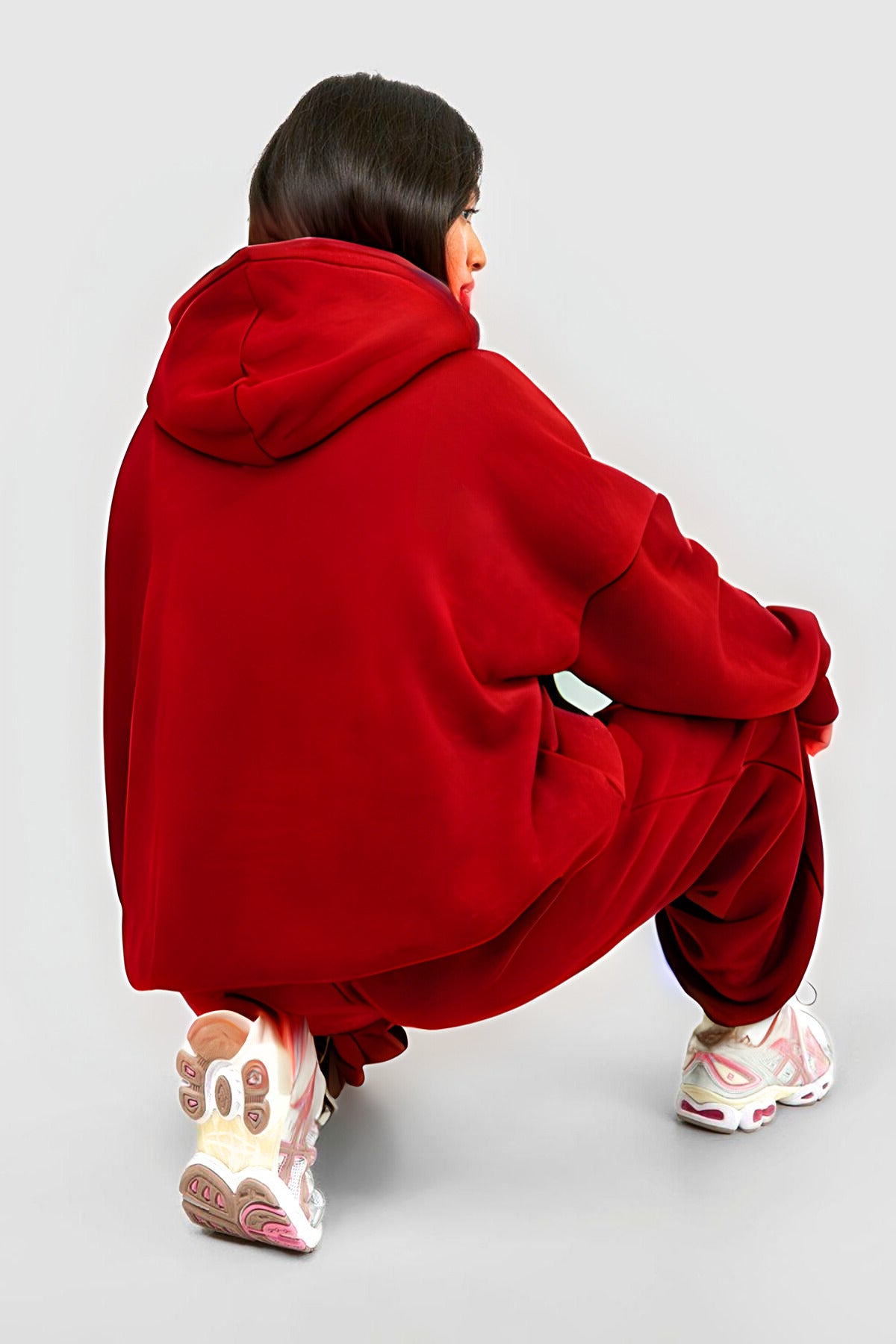Kadın 3 İ̇plik Kanguru Cep Kapşonlu Hoodie Paçası Lastikli Kalın Eşofman Takımı - Kırmızı - 4