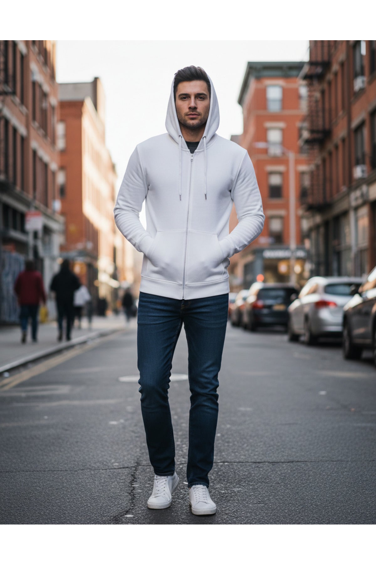 Erkek 3 İ̇pli̇k Şardonlu Oversi̇ze Fermuarli Sweatshirt Hirka - Beyaz - 1