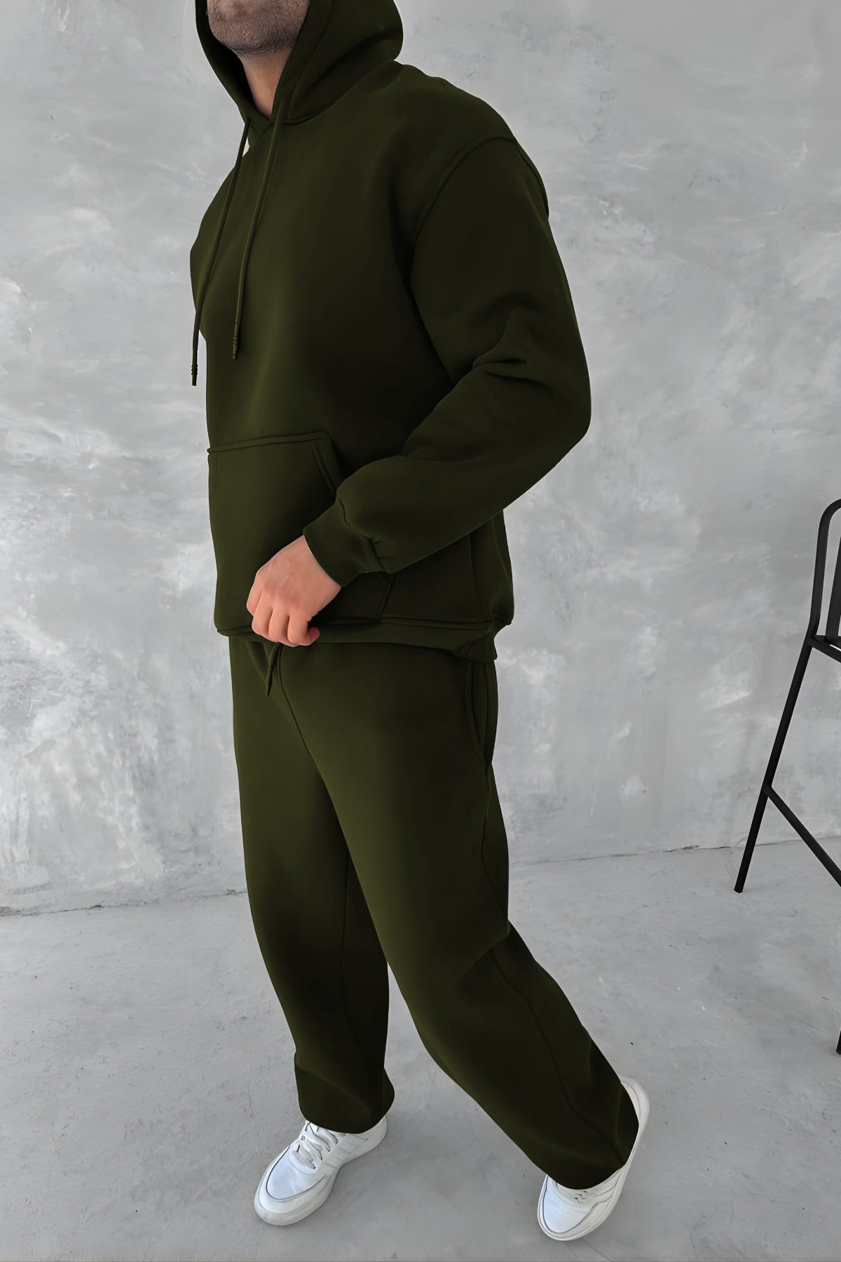 Erkek 3 İ̇pli̇k Oversi̇ze Kapüşonlu Sweatshi̇rt Eşofman Takimi - Haki - 2
