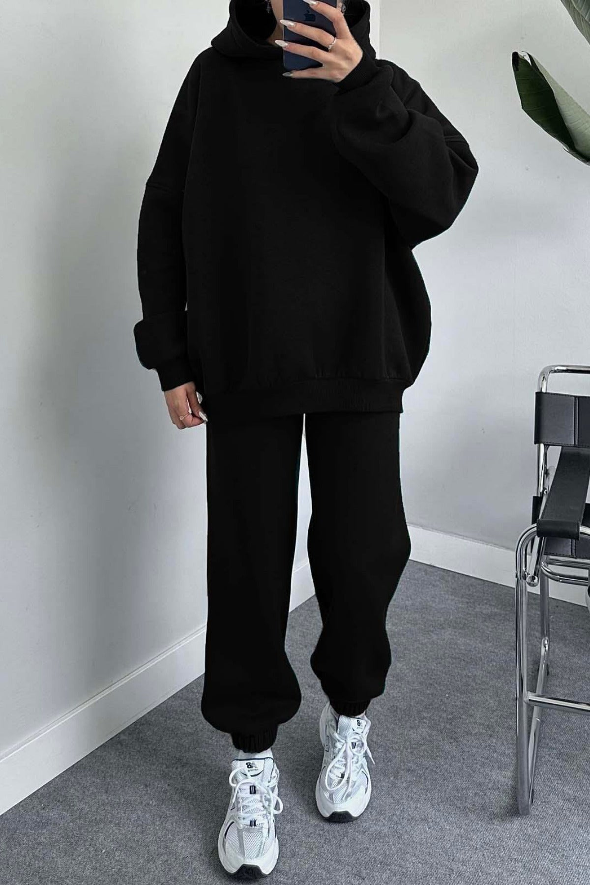 Kadın Hoodie Kanguru Cep Kapşonlu Sweatshirt Paçası Lastikli Alt Eşofman Takımı - Siyah - 3