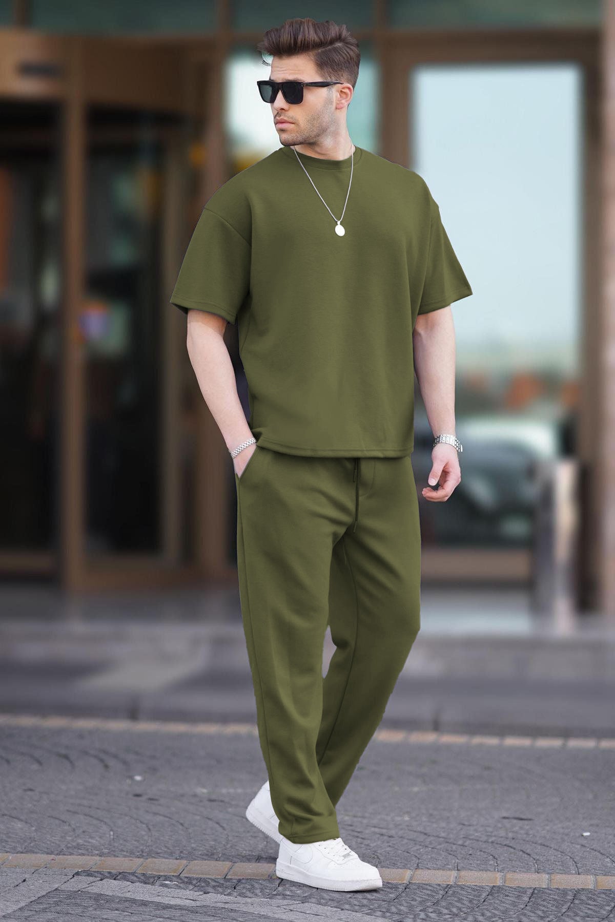 Erkek Rahat Yazlık Penye Oversize T-shirt Pijama Takımı - Yeşil - 1