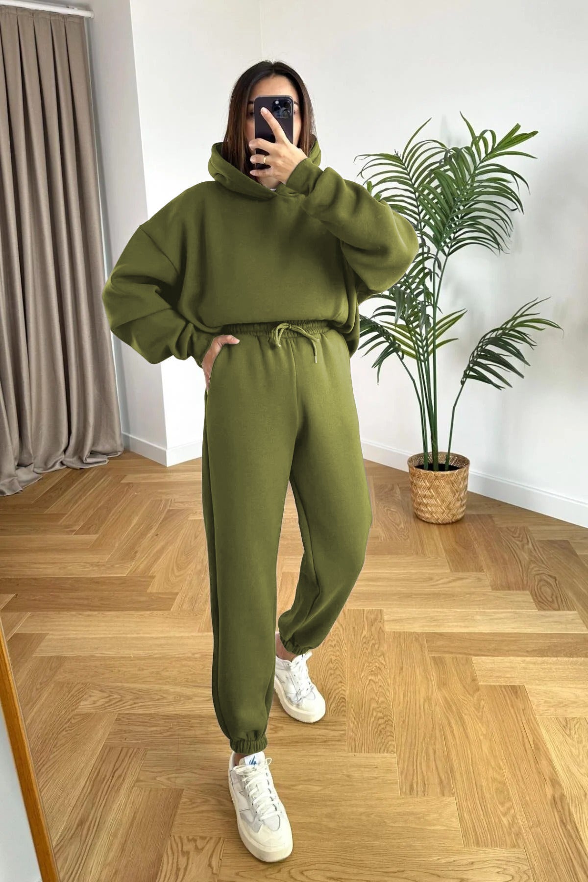 Kadin 3 İ̇pli̇k Oversi̇ze Premi̇um Sweatshi̇rt Eşofman Takimi - Yağ Yeşili - 3