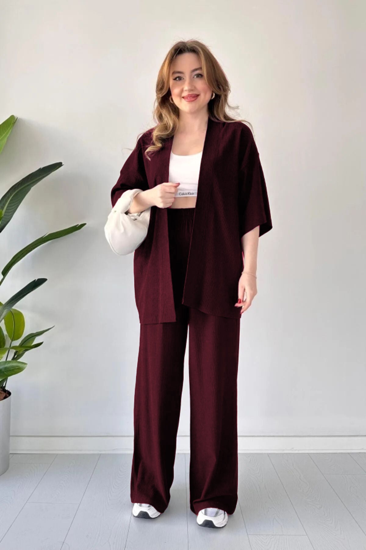Kadın Mor Salaş Dökümlü Bürümcük Palazzo Yazlık Kimono Takım - Mürdüm Melanj - 1