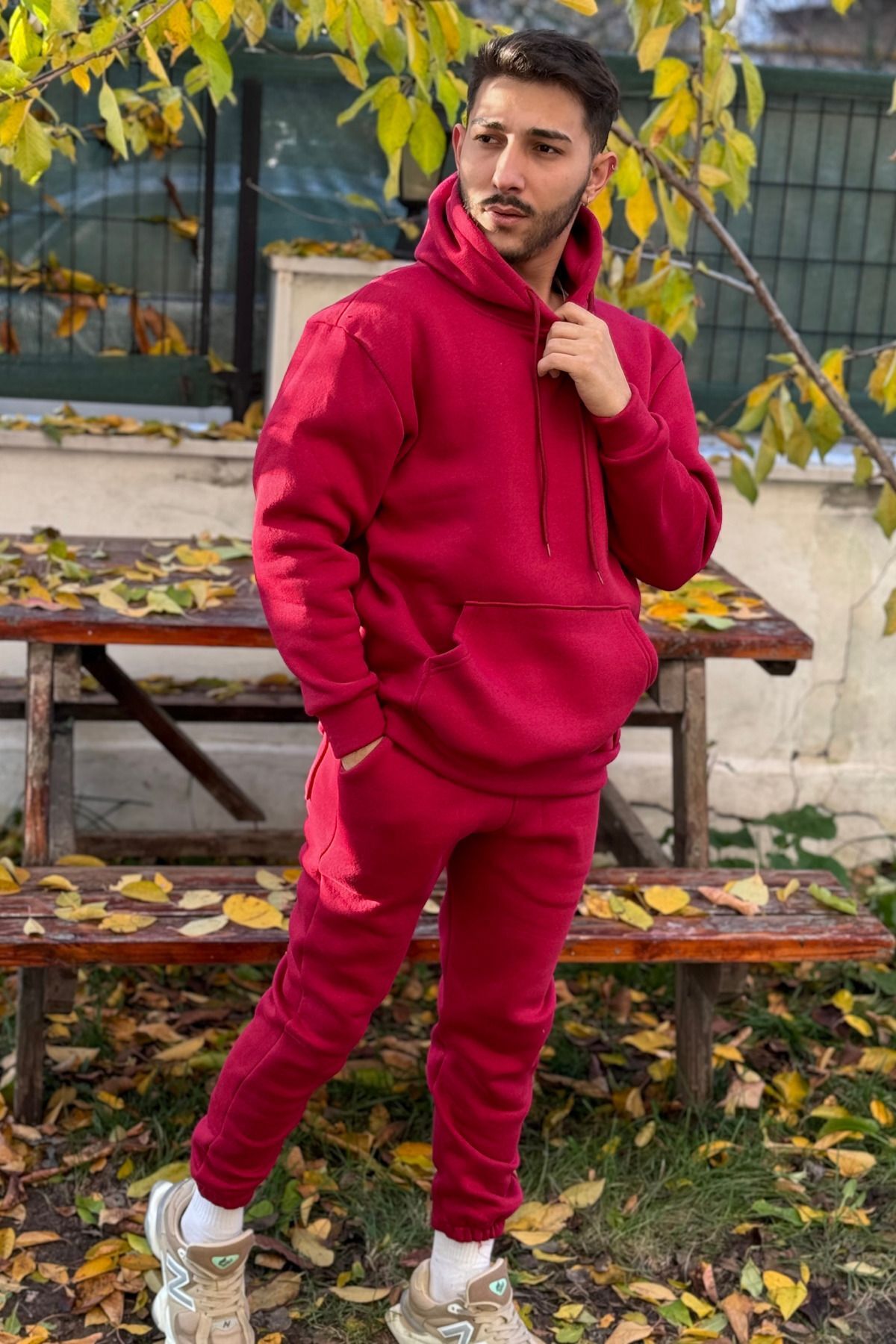 Ob Comfort Kapşonlu Kanguru Cep Oversize Lastik Paça Bordo Eşofman Takımı - Bordo - 2