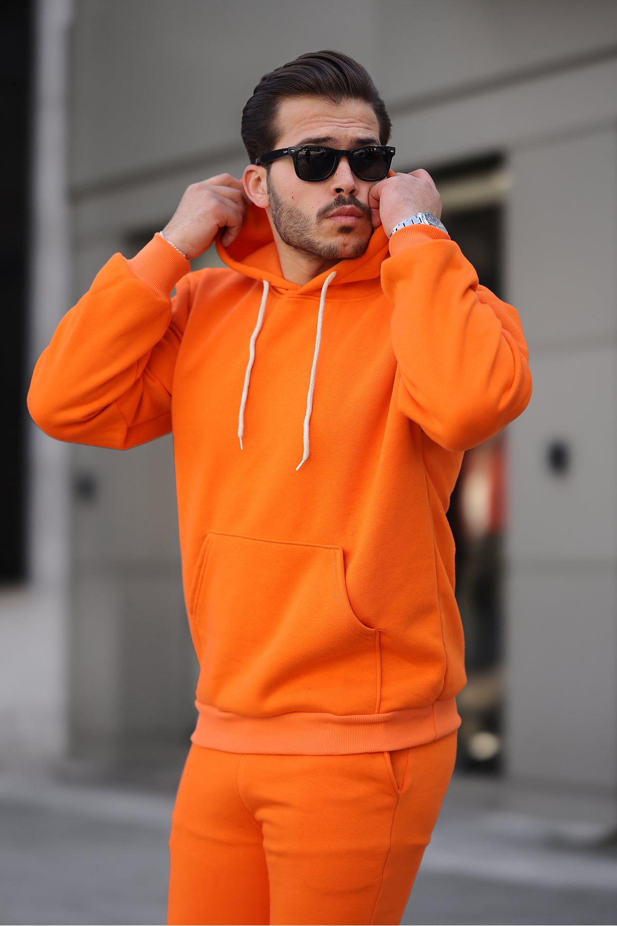 Erkek Bol Oversize 3 İ̇plik İ̇çi Pamuklu Kanguru Cep Kapşonlu Lastikli Paça Jogger Kış Eşofman Takımı - Turuncu - 3