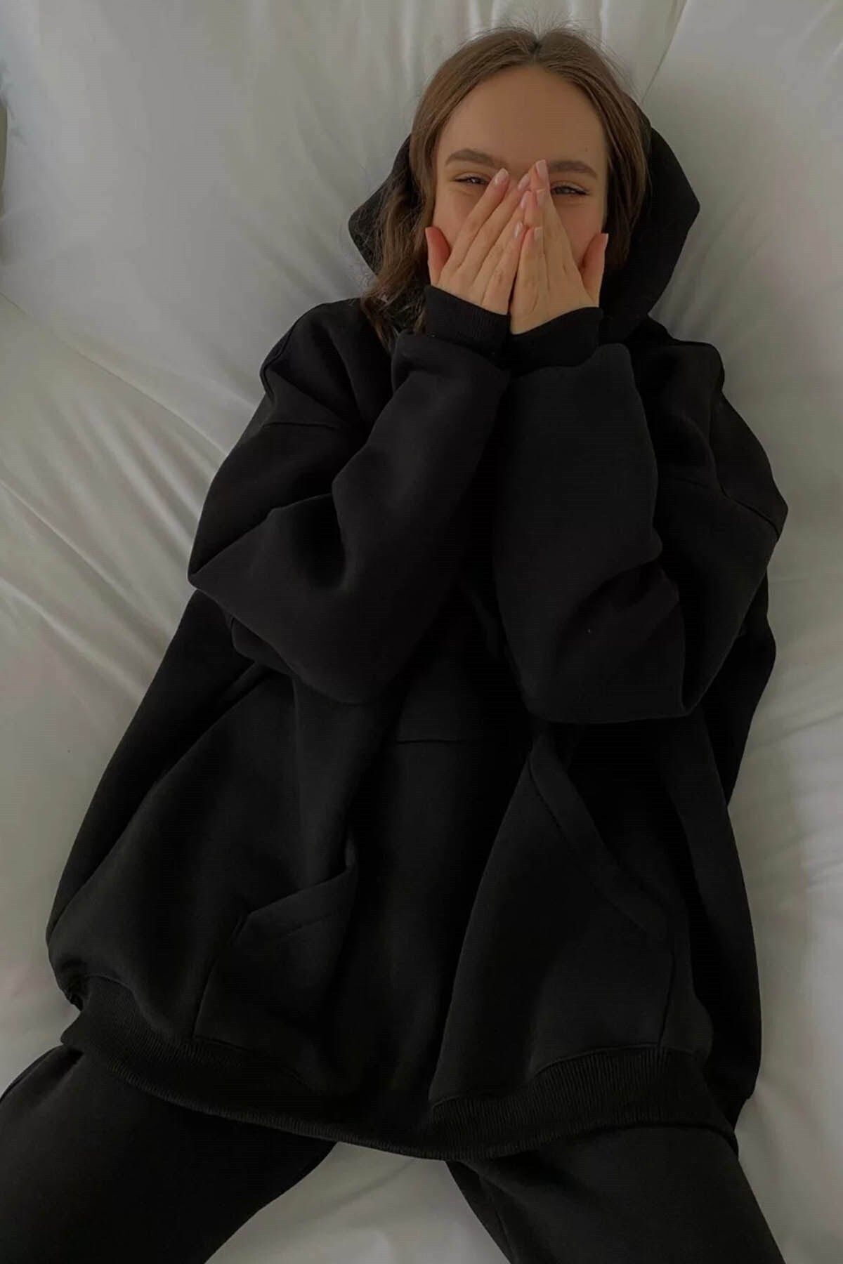 Kadın Siyah Kapüşonlu Şardonlu Oversize Hoodie Sweatshirt Ob - Siyah - 3