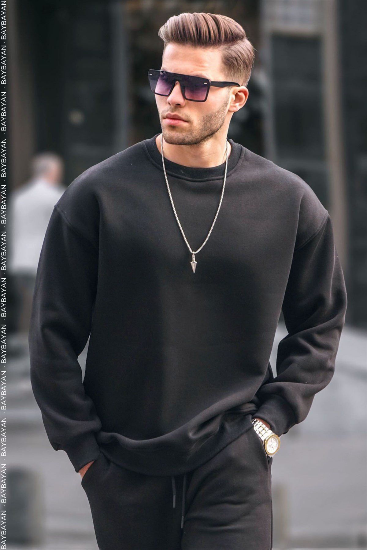 Erkek Siyah Oversize Fit Normal Kesim 3 İ̇plik Pamuklu Bisiklet Yaka Sweatshirt - Siyah - 1
